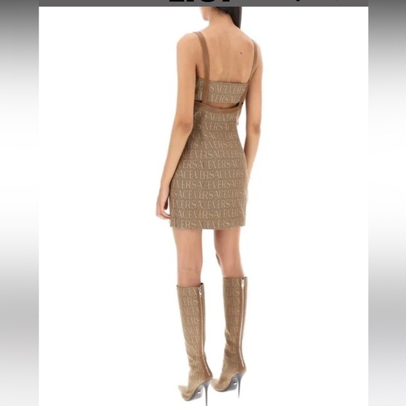 Versace Logo Print Cut Out Monogram Mini Dress Leather Trims IT 42 US 6 $3050 - Picture 5 of 17